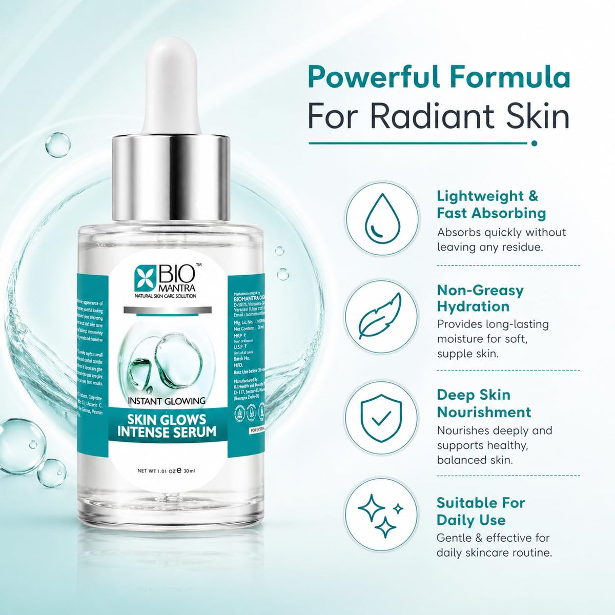 BIOMANTRA Face Serum For Glowing Skin - Skin Glow Face Serum With Vitamin C, Hyaluronic Acid & Vitamin B3 | Hydrating Brightening Serum For Pigmentation & Daily Skin Care 30ml
