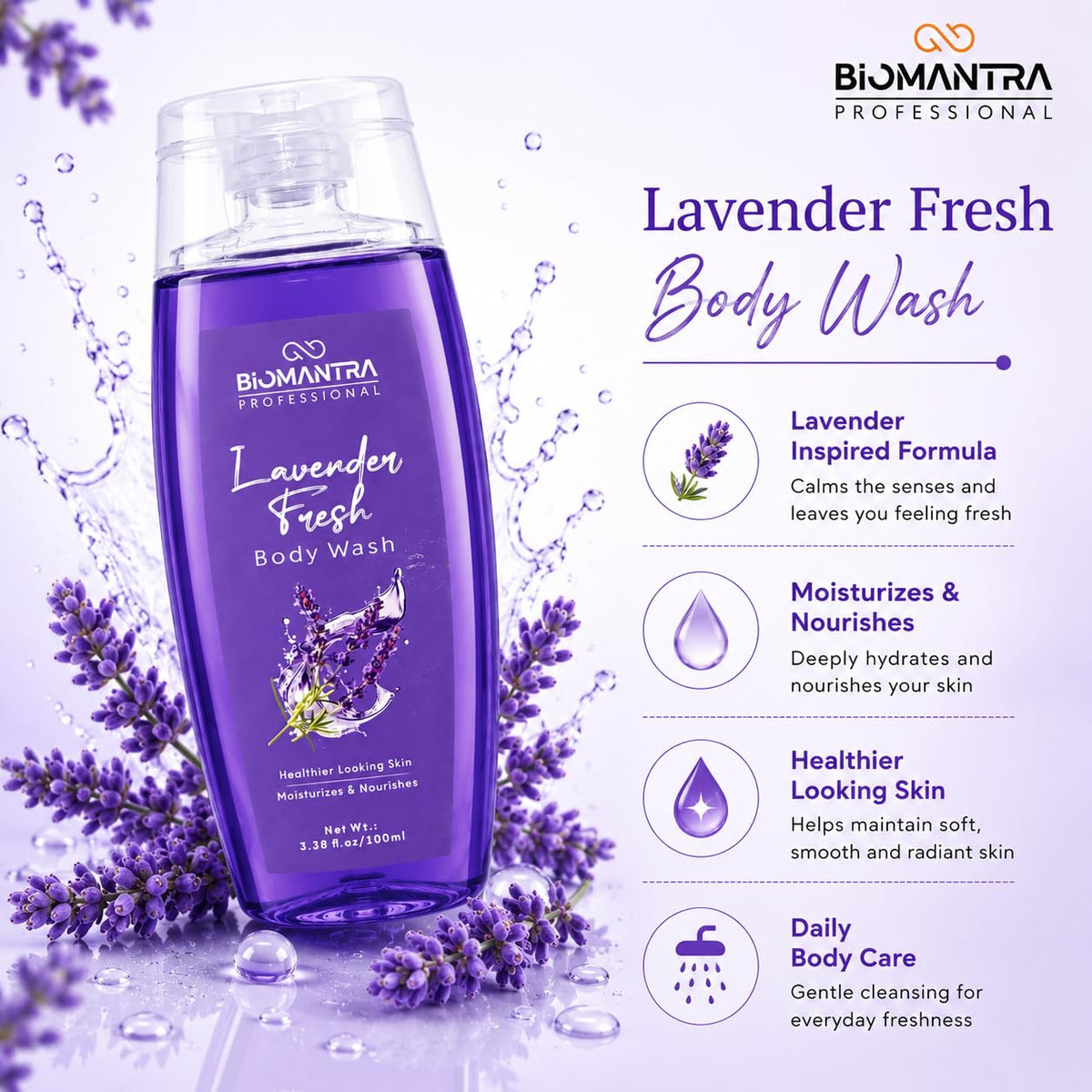 BIOMANTRA Lavender Body Wash Pack of 2 + 1 Free | Rejuvenating & Soothing Body Cleanser | Helps Improve Skin Texture | Moisturizing Daily Shower Gel for Soft & Healthy Looking Skin | 300ml (100 x 3)
