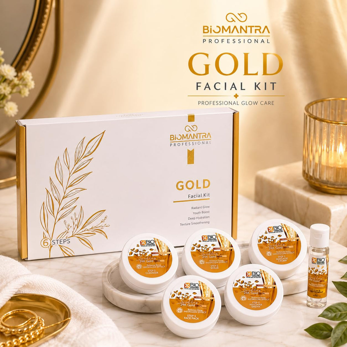 BIOMANTRA Sparkling 24K Gold Facial Kit 500g | 6-Step Professional Tan Removal Facial for Deep Cleansing & Skin Brightening | Salon Quality Face Care | FREE 1000ml Stainless Steel Water Bottle (Worth ₹299)