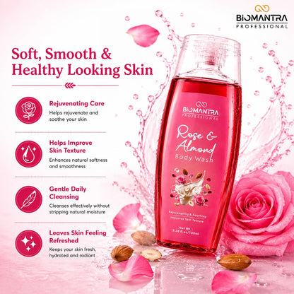 BIOMANTRA Rose & Almond Body Wash Pack of 2 + 1 Free | Rejuvenating & Soothing Body Cleanser | Helps Improve Skin Texture | Moisturizing Daily Shower Gel for Soft & Healthy Looking Skin | 300ml ( 100 x 3 )