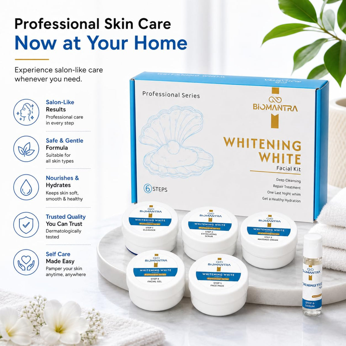 BIOMANTRA Whitening White Facial Kit for Skin Brightening & Tan Removal | Deep Cleansing Facial Kit with Cleanser, Scrub, Gel, Face Pack, Cream & Serum | Suitable for All Skin Types