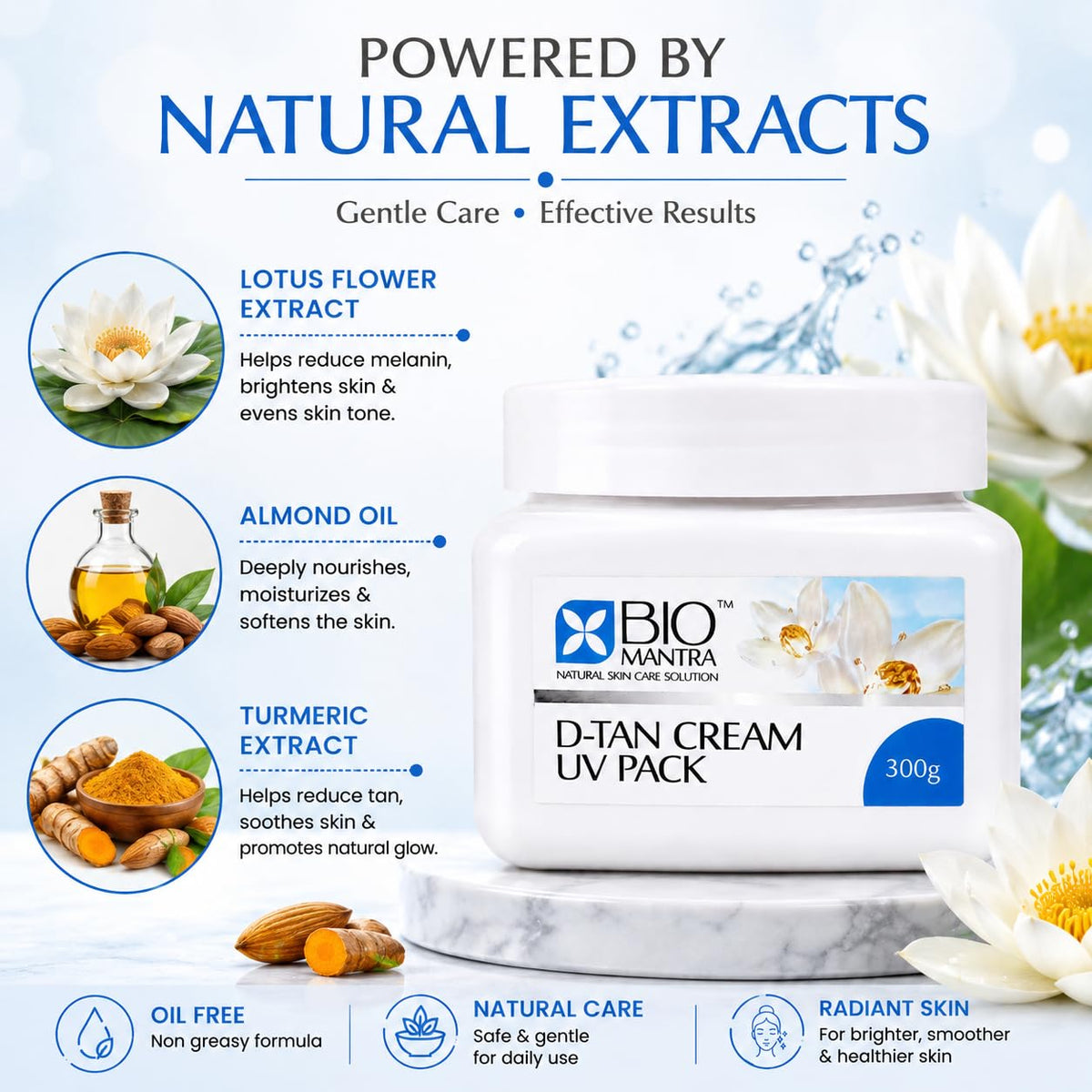 Bio Mantra D-Tan Pack Skin Lightening Cream UV Pack with Lotus Flower Extract for Glowing Skin | Oil Free Formula | Face & Neck De-Tan Cream for Men & Women | 300g