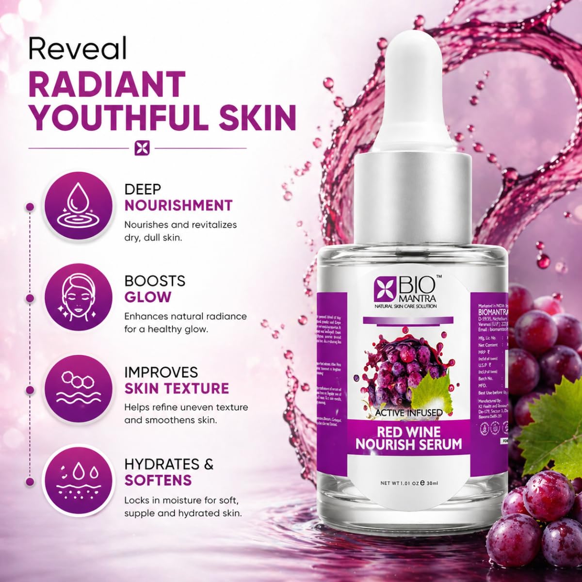 BIOMANTRA Red Wine Nourish Serum 30ml with Hyaluronic Acid & Grapes | Face Serum for Glowing Skin, Hydration, Skin Texture Improvement | Anti Aging Serum for Men & Women