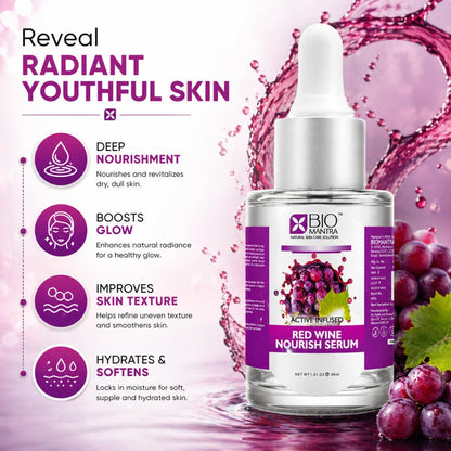 BIOMANTRA Red Wine Nourish Serum 30ml with Hyaluronic Acid & Grapes | Face Serum for Glowing Skin, Hydration, Skin Texture Improvement | Anti Aging Serum for Men & Women