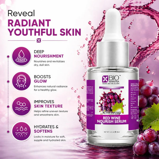 BIOMANTRA Red Wine Nourish Serum 30ml with Hyaluronic Acid & Grapes | Face Serum for Glowing Skin, Hydration, Skin Texture Improvement | Anti Aging Serum for Men & Women