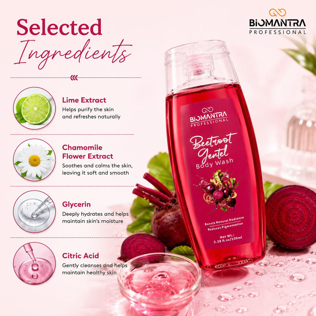 BIOMANTRA Professional Beetroot Gentle Body Wash | Refreshing & Moisturizing Body Cleanser for Healthy Looking Skin | Helps Improve Skin Radiance | Daily Use Shower Gel | 100ml