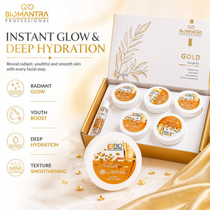 BIOMANTRA Sparkling 24K Gold Facial Kit 500g | 6-Step Professional Tan Removal Facial for Deep Cleansing & Skin Brightening | Salon Quality Face Care | FREE 1000ml Stainless Steel Water Bottle (Worth ₹299)