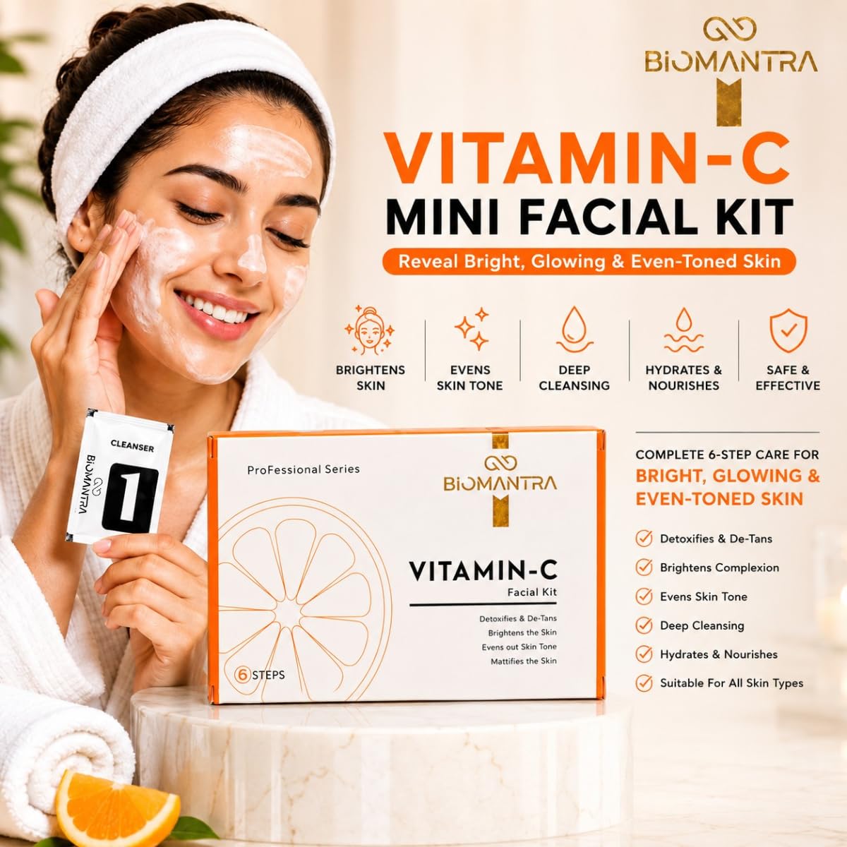 BIOMANTRA Vitamin C Facial Kit | 6 Step Mini Facial Kit for Bright & Glowing Skin | Cleanser, Scrub, Gel, Cream, Mask & Serum | Hydrating Skincare Kit for Women