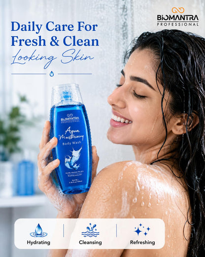 BIOMANTRA Aqua Body Wash Pack of 2 + 1 Free | Rejuvenating & Soothing Body Cleanser | Helps Improve Skin Texture | Moisturizing Daily Shower Gel for Soft & Healthy Looking Skin | 300ml (100 x 3)
