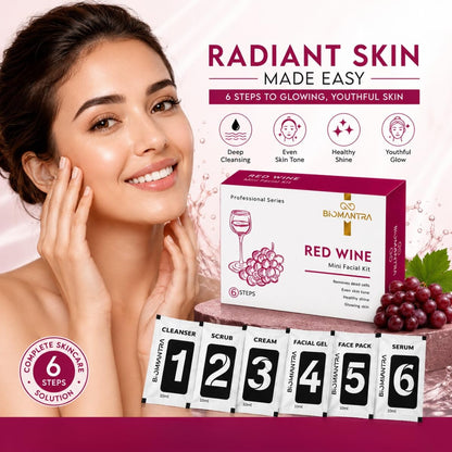 BIOMANTRA Mini Red Wine Facial Kit | 6 Step Mini Facial Kit for Glowing & Hydrated Skin | Cleanser, Scrub, Gel, Cream, Mask & Serum | Antioxidant Rich Skincare Kit for Women