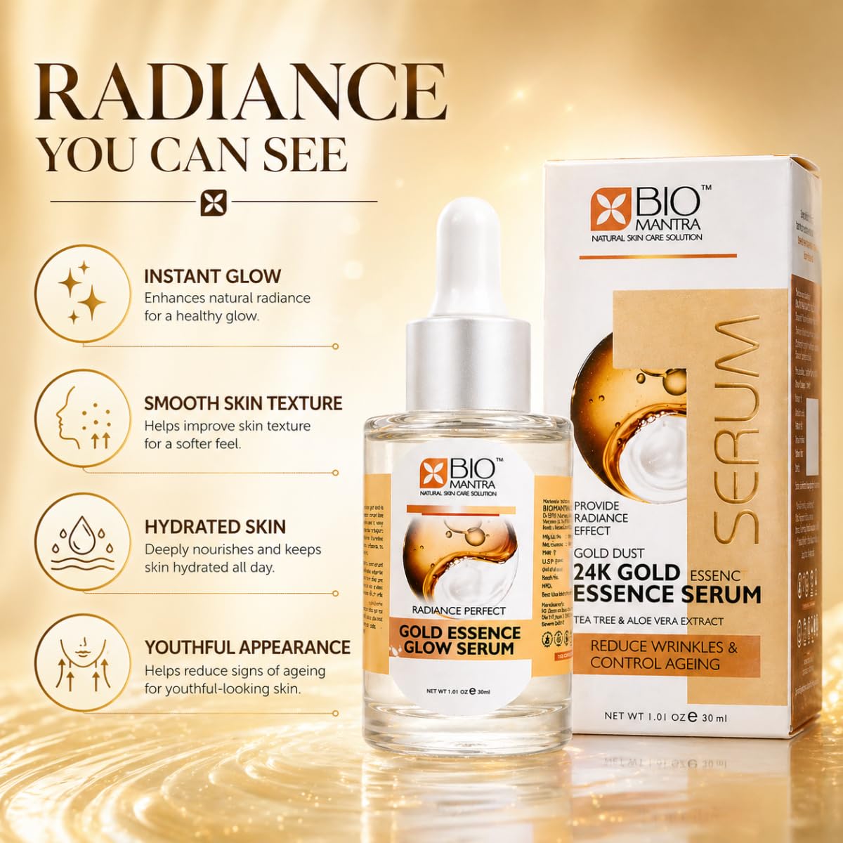 BIOMANTRA Gold Essence Glow Serum for Face with Collagen & Vitamin E | Hydrating Anti-Ageing Skin Brightening Serum for Men & Women | 30ml