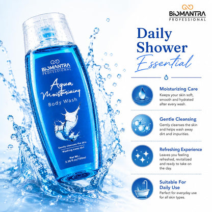 BIOMANTRA Aqua Body Wash Pack of 2 + 1 Free | Rejuvenating & Soothing Body Cleanser | Helps Improve Skin Texture | Moisturizing Daily Shower Gel for Soft & Healthy Looking Skin | 300ml (100 x 3)