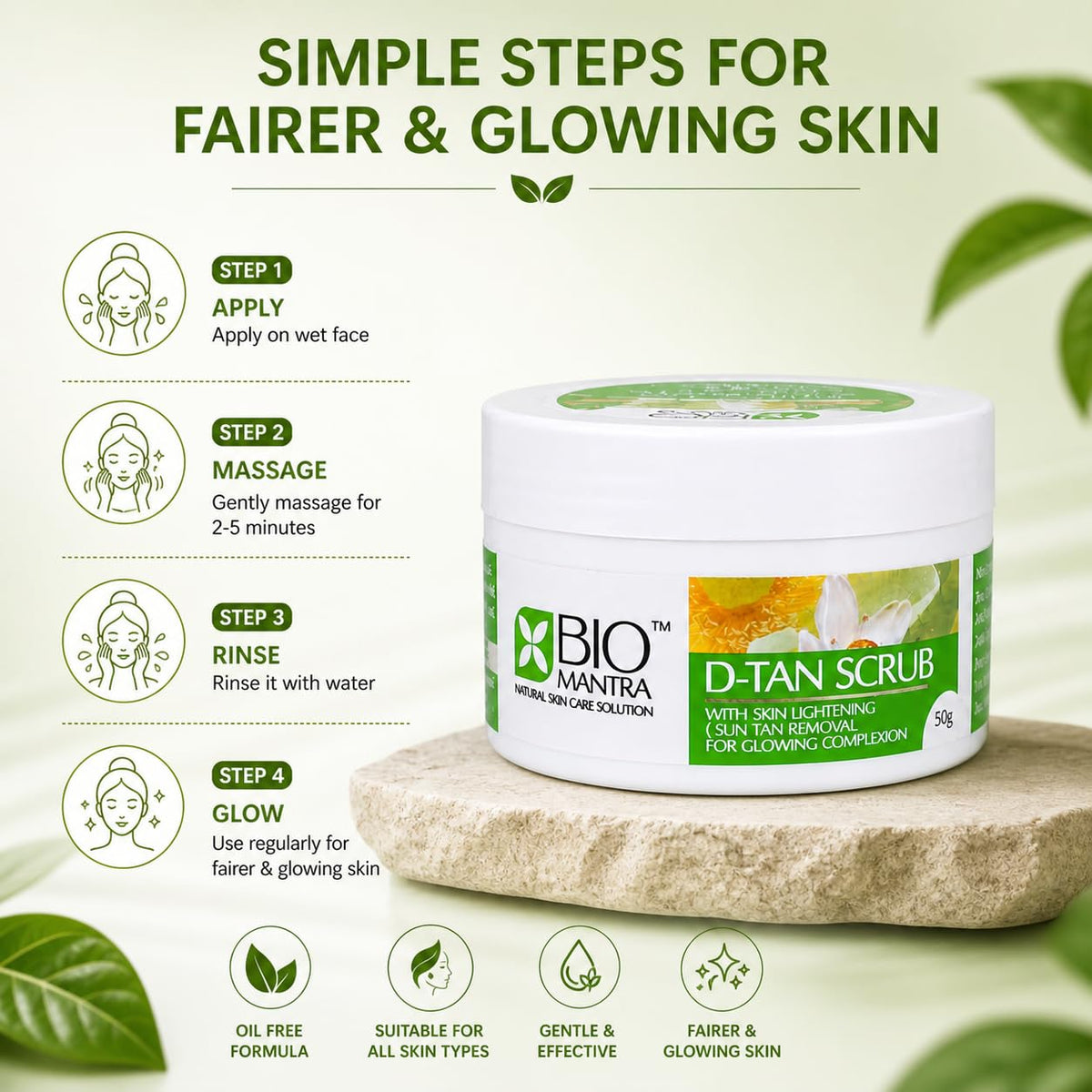 BIOMANTRA Oil Free D-Tan Scrub Lightening Cream | Walnut & Lotus for Tan Removal | Deep Exfoliating Scrub for Glowing Skin | Removes Dead Skin & Dirt | For Men & Women (50g)