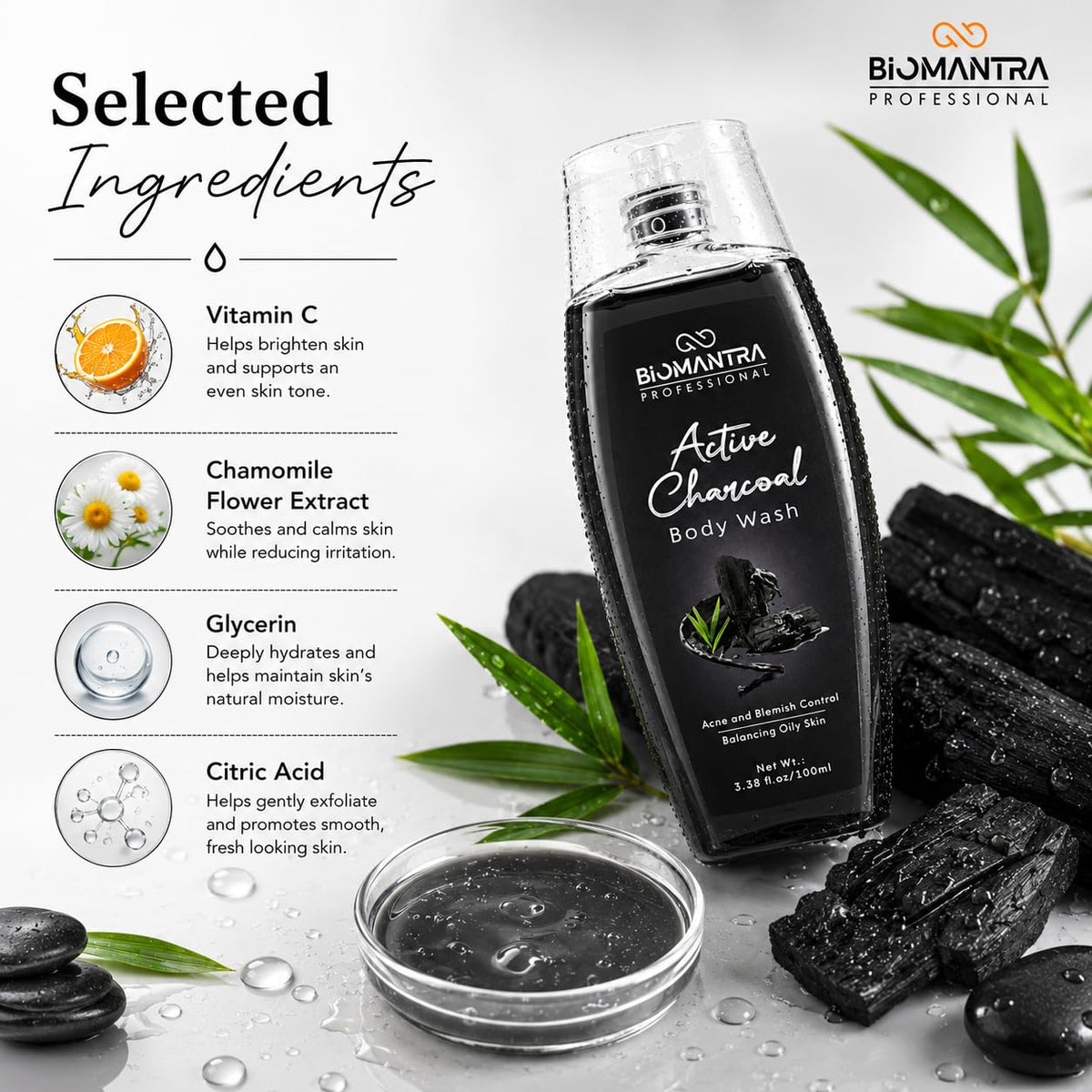 BIOMANTRA Active Charcoal Body Wash | Deep Cleansing & Oil Balancing Body Cleanser | Refreshing Daily Shower Gel for Healthy Looking Skin | Suitable for Oily Skin | 100ml