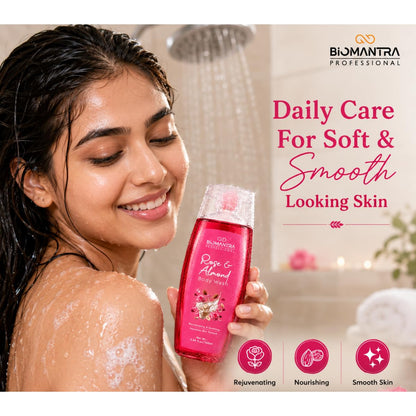 BIOMANTRA Rose & Almond Body Wash Pack of 2 + 1 Free | Rejuvenating & Soothing Body Cleanser | Helps Improve Skin Texture | Moisturizing Daily Shower Gel for Soft & Healthy Looking Skin | 300ml ( 100 x 3 )