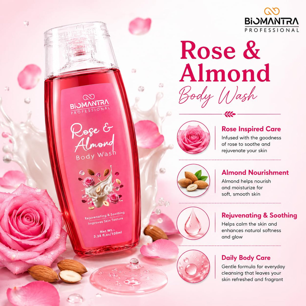BIOMANTRA Rose & Almond Body Wash Pack of 2 + 1 Free | Rejuvenating & Soothing Body Cleanser | Helps Improve Skin Texture | Moisturizing Daily Shower Gel for Soft & Healthy Looking Skin | 300ml ( 100 x 3 )