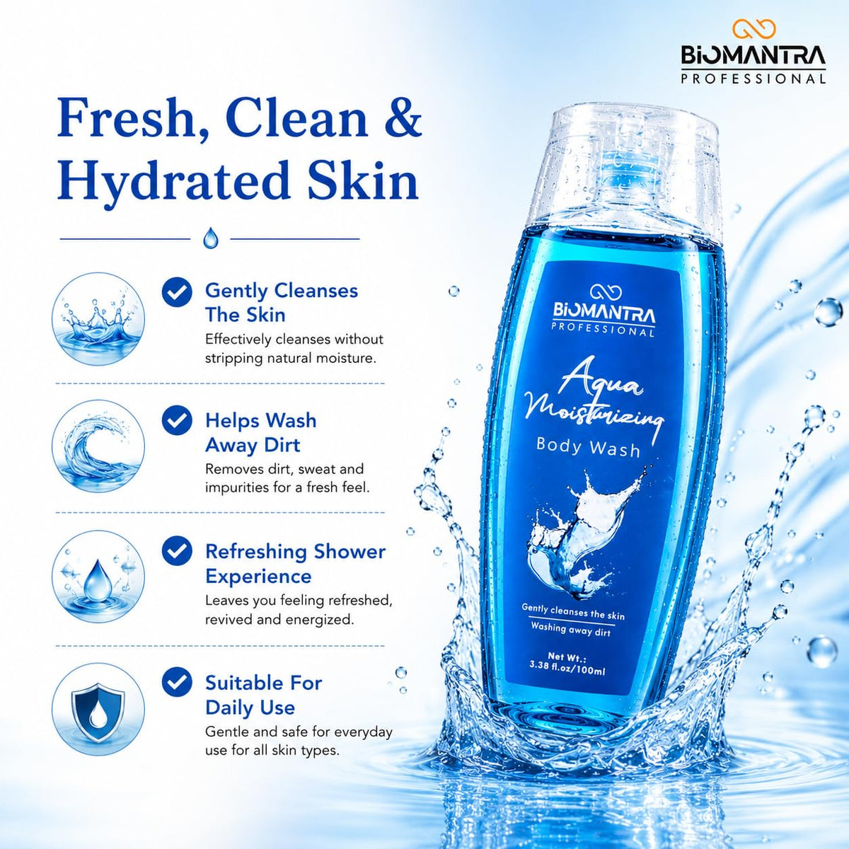 BIOMANTRA Aqua Body Wash Pack of 2 + 1 Free | Rejuvenating & Soothing Body Cleanser | Helps Improve Skin Texture | Moisturizing Daily Shower Gel for Soft & Healthy Looking Skin | 300ml (100 x 3)