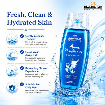 BIOMANTRA Aqua Body Wash Pack of 2 + 1 Free | Rejuvenating & Soothing Body Cleanser | Helps Improve Skin Texture | Moisturizing Daily Shower Gel for Soft & Healthy Looking Skin | 300ml (100 x 3)