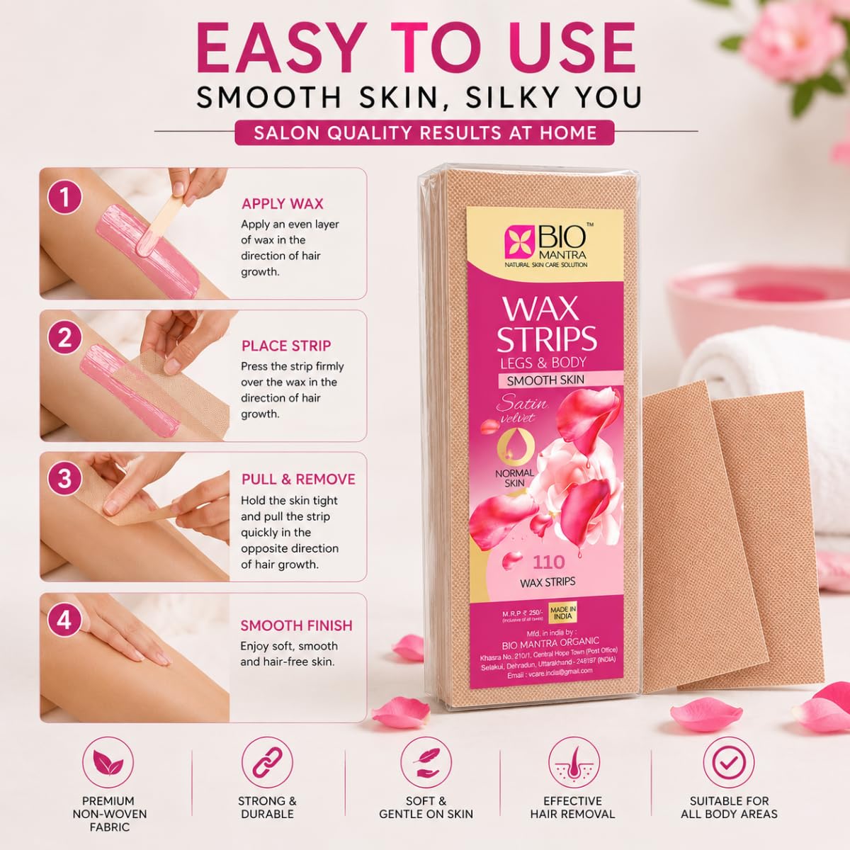 BIOMANTRA Non-Woven Wax Strips for Hair Removal | 110 PCS Reusable Waxing Paper Strips for Legs, Arms, Underarms & Body | Soft & Strong Fabric