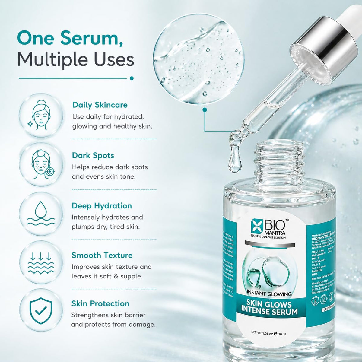 BIOMANTRA Face Serum For Glowing Skin - Skin Glow Face Serum With Vitamin C, Hyaluronic Acid & Vitamin B3 | Hydrating Brightening Serum For Pigmentation & Daily Skin Care 30ml