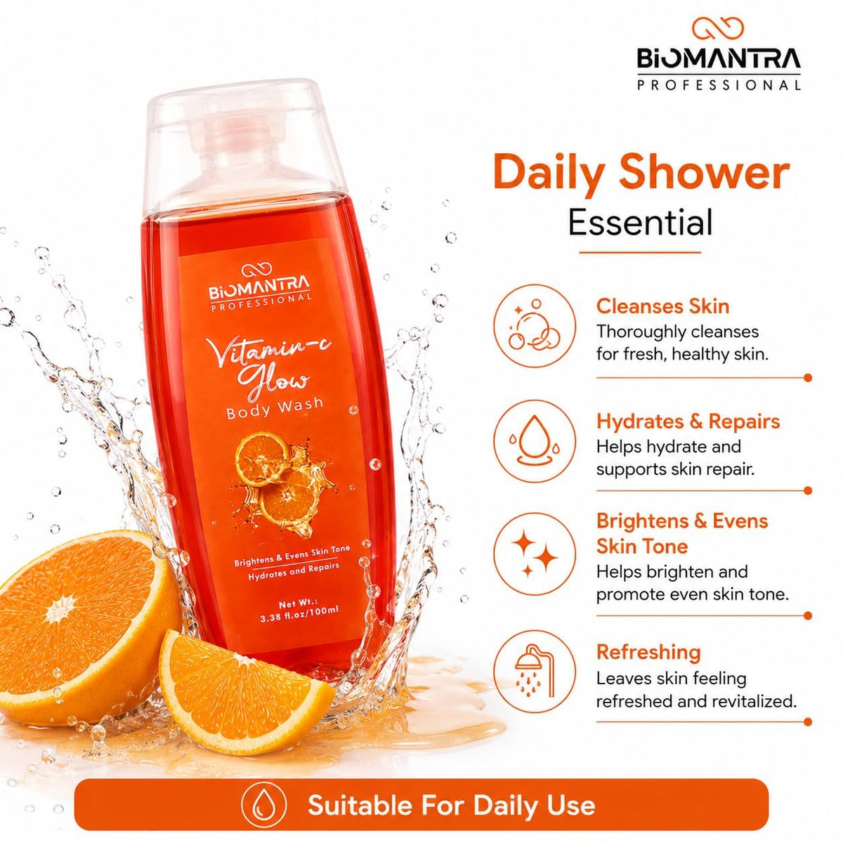 BIOMANTRA Body Wash Combo Pack of 4 | Charcoal, Rose, Aloe Vera & Vitamin C | Daily Cleansing & Refreshing Shower Gel | Suitable for All Skin Types | 100ml Each (Pack of 4)